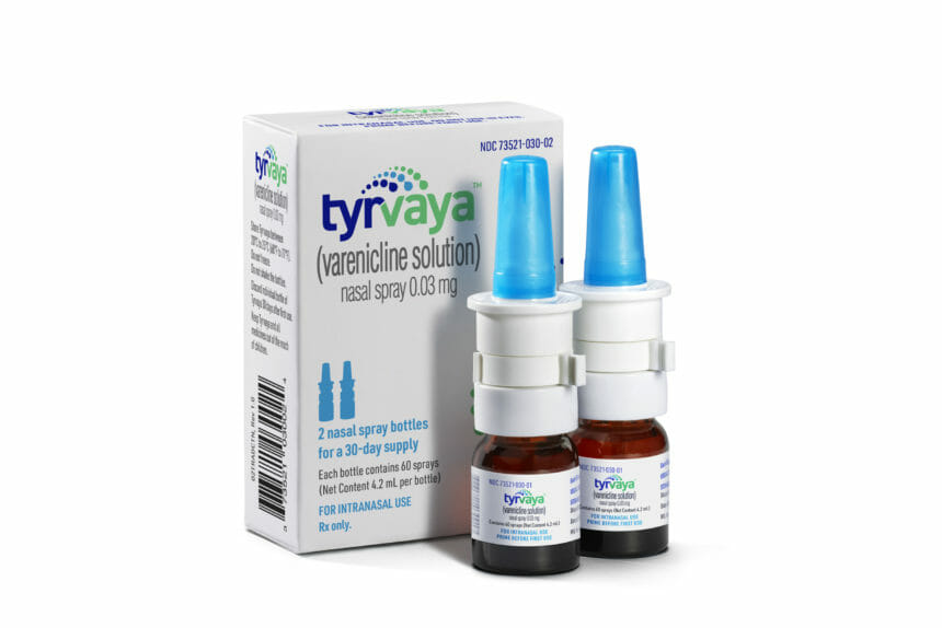 Image of two Tyrvaya internasal spray bottles beside packaging; Image credit: Oyster Point Pharma