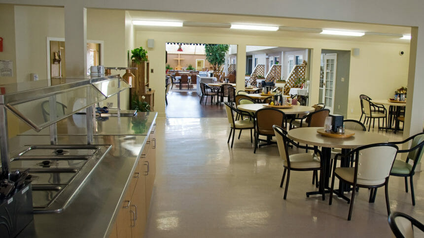 An empty nursing home dining area